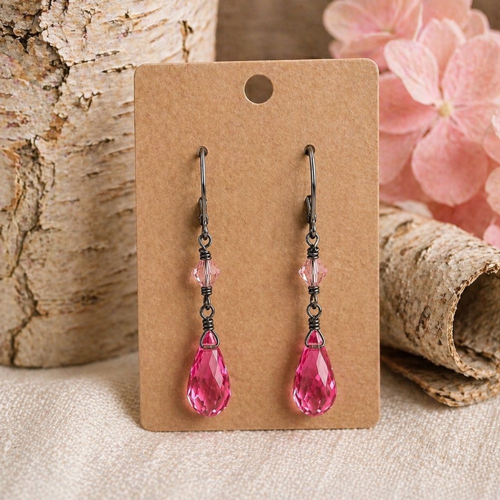 Pink Crystal Teardrop Leverback Earrings Romantic Feminine 1.5” Vintage Artisan